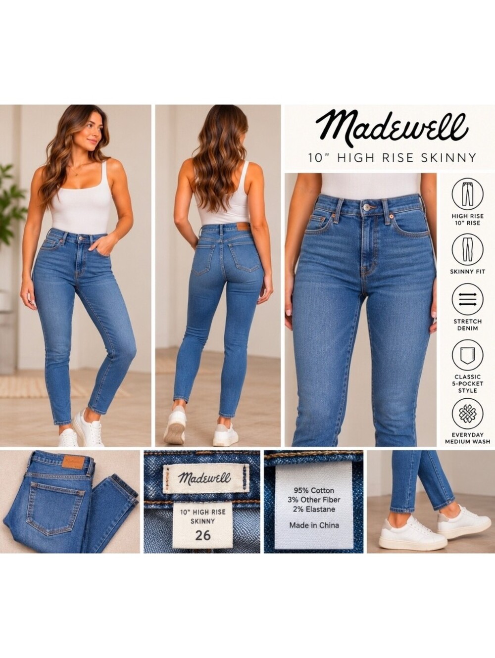 Madewell 10" High Rise Skinny Jeans Women's 26 Medium Wash Stretch Denim